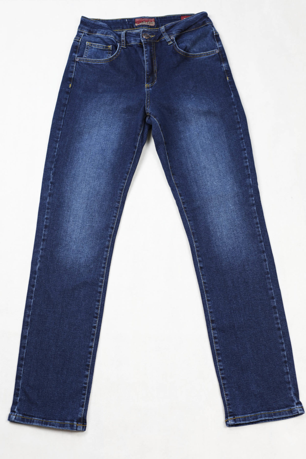Damskie jeansy stretch, ciemnoniebieskie, z lekkimi przetarciami, nogawka prosta.