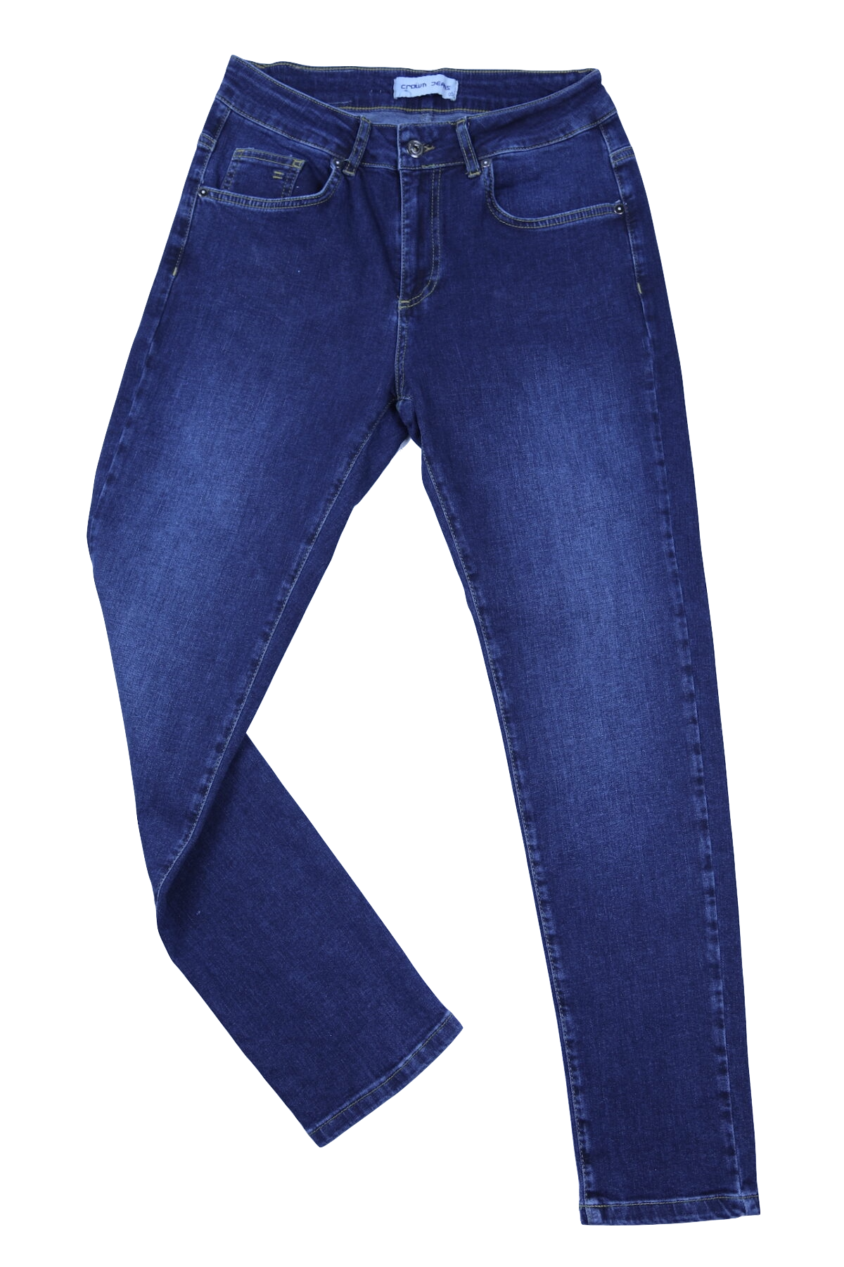 Damskie spodnie jeansowe comfort strecz, ciemnoniebieskie z przetarciami, lekko zwężana nogawka