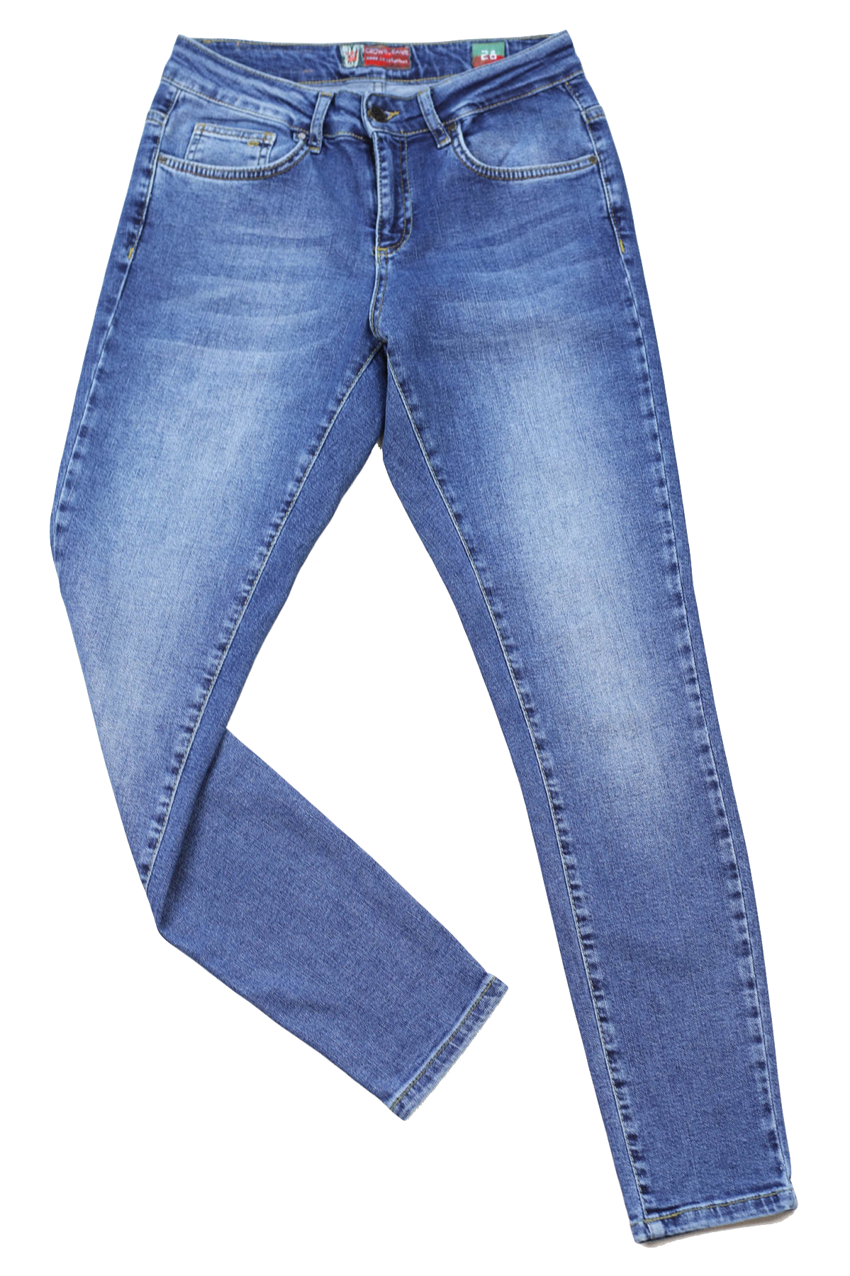 Damskie jeansy comfort strecz, niebieskie, mocne przetarcia, nogawka zwężana – slim