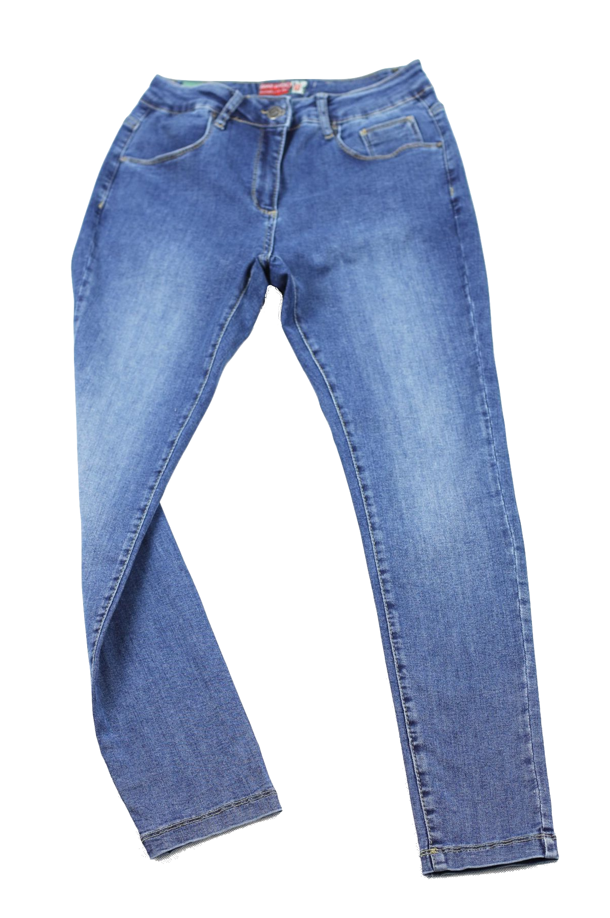 Damskie jeansy power strecz, ciemnoniebieskie, delikatne przetarcie, nogawka wąska – slim